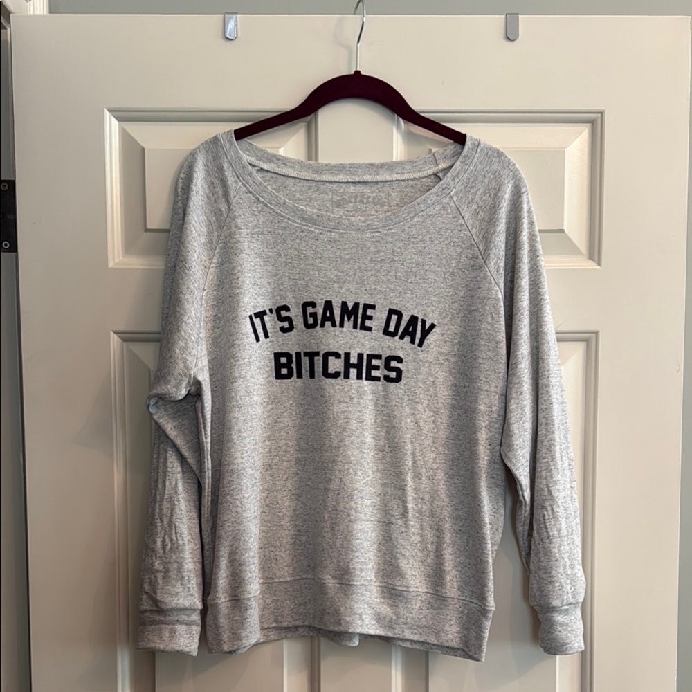 Gray Sweatshirt with Black Text